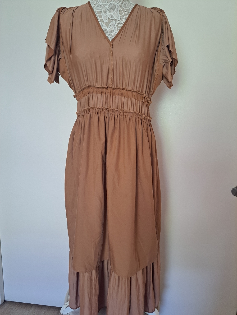 Willa Ruffle V-Neck Maxi Dress in Camel. - Picture 5 of 13